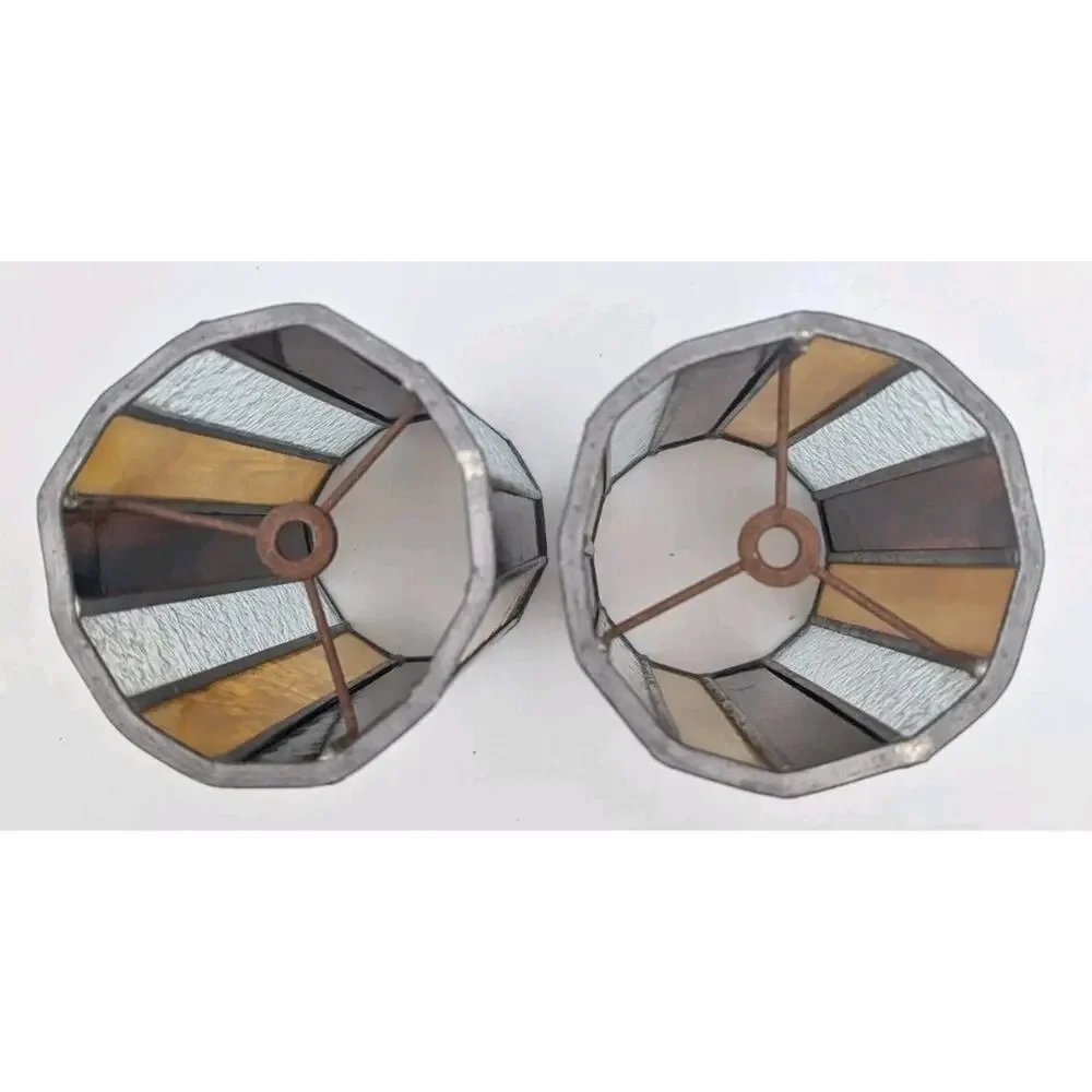 Vintage Stained Glass Tall Cylinder Swag Lamp Shades Lot of 2 Striped